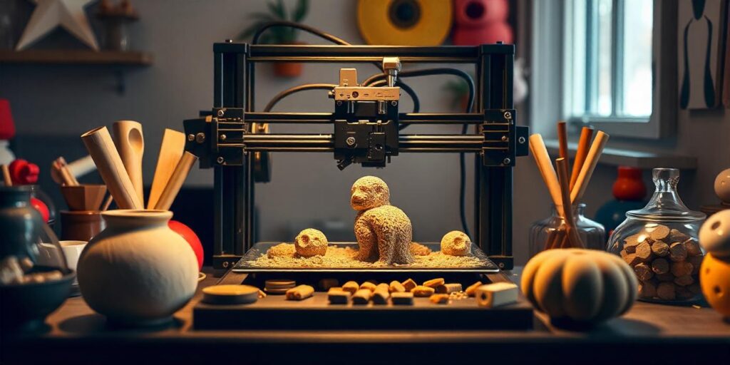 3D printer with clay sculptures in workshop
