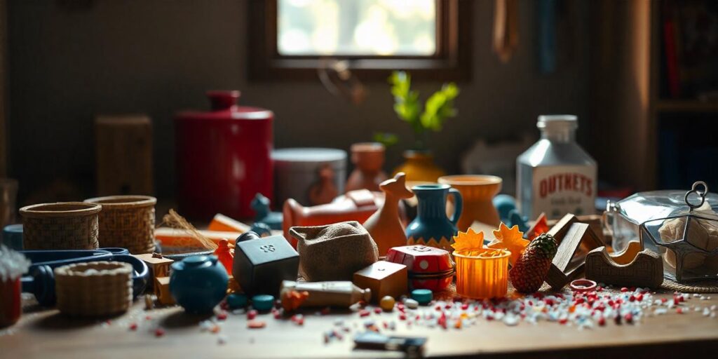 Colorful pottery and crafts on wooden table