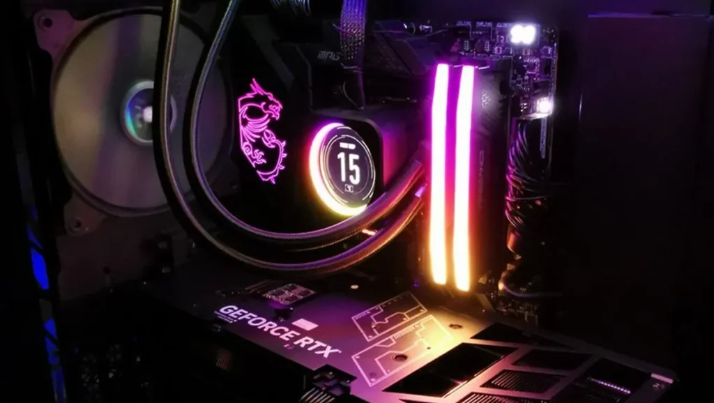 High-end gaming PC with RGB lighting and GeForce RTX.