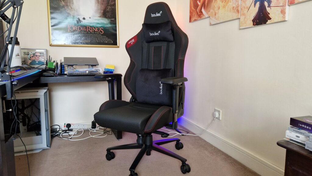 Comfortable gaming chair in home office setup.