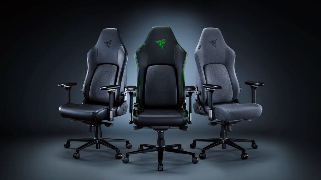 Three ergonomic gaming chairs in different styles.