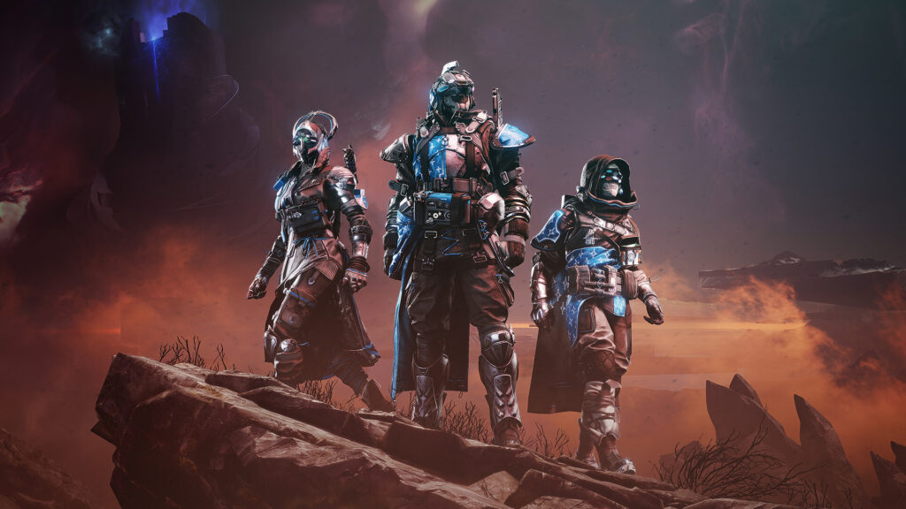 Three futuristic soldiers on rocky terrain, dramatic sky.