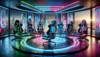 Futuristic gaming chairs in neon-lit room.