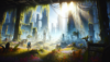Futuristic city with overgrown plants and ruins.