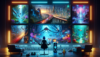 Futuristic cityscapes and landscapes on multiple screens.